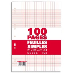 Sachet de 100 pages copies simples grand format A4 grands carreaux Séyès 70g perforées