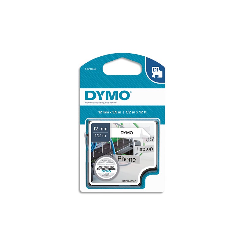 DYMO Ruban D1 nylon flexible 12mm x 3,5m Noir/Blanc S0718040