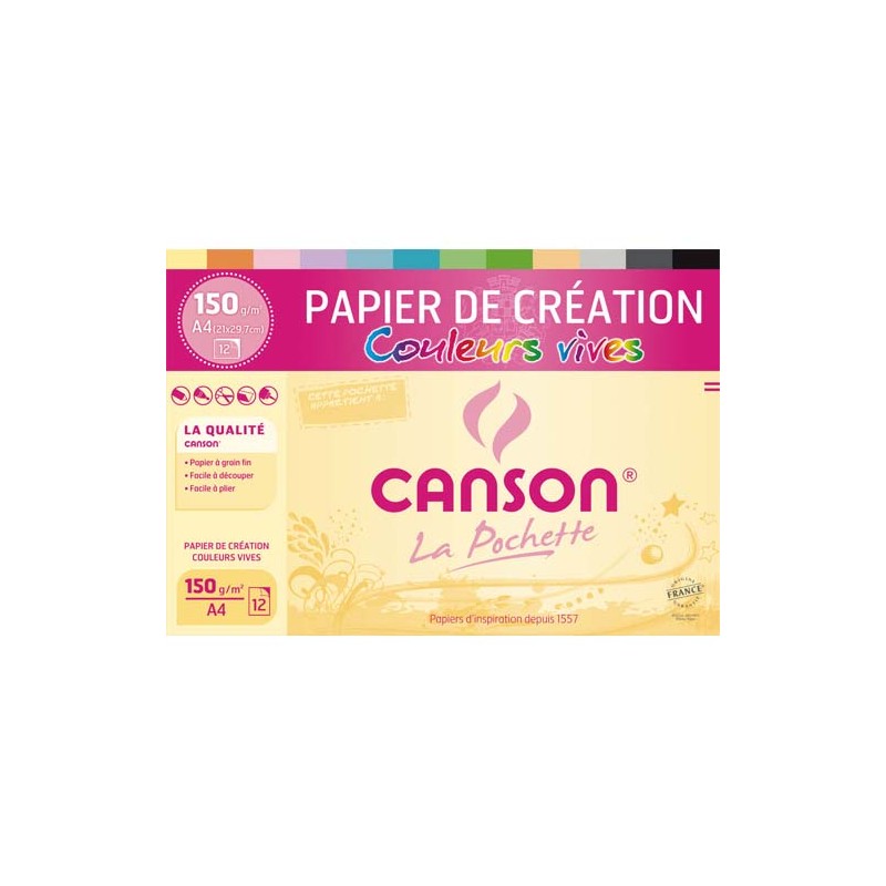 CANSON Pochette 12 feuilles papier couleur CREATION 150g 21x29,7cm. Assortiment de couleurs vives