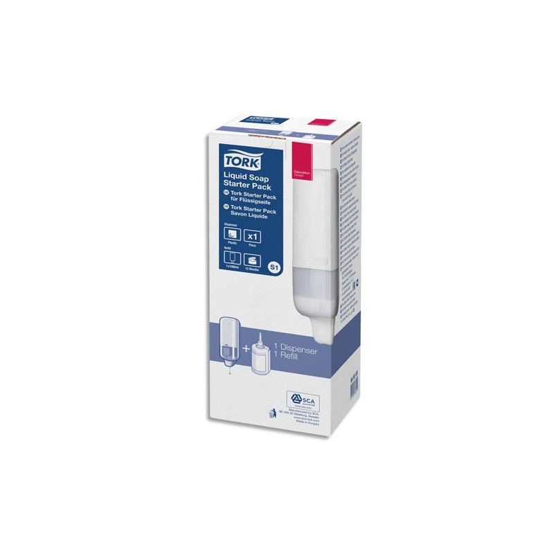 TORK Pack S1 Starter Distributeur de savon + recharge d'1 litre de savon liquide doux parfumé
