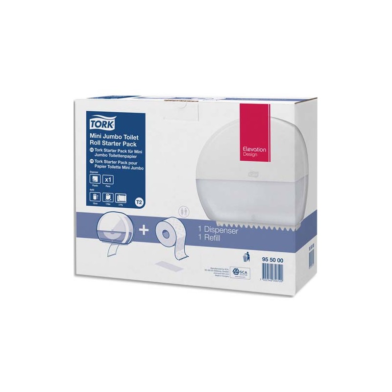 TORK Pack T2 Starter Distributeur de papier toilette + recharge Premium Mini Jumbo 170 m doux Blanc