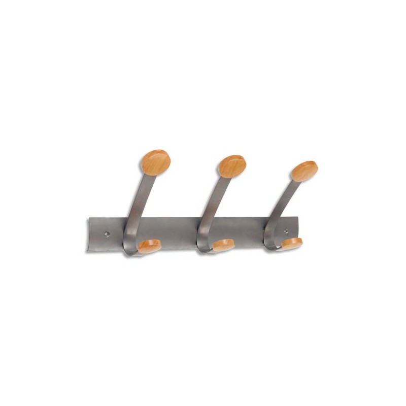 ALBA Bloc de 3 doubles patères et crochets en métal et bois jusqu à 20 kg - Dim: L45 x H17,4 x P11 cm