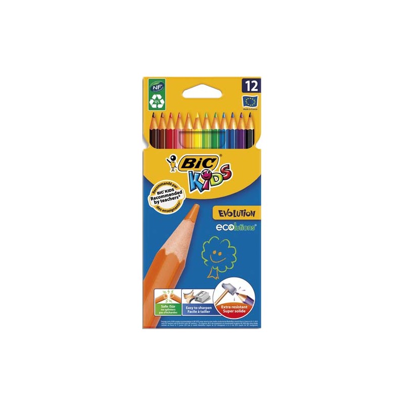 BIC Etui carton de 12 crayons de couleur EVOLUTION. Longueur 17,5cm. Coloris assortis