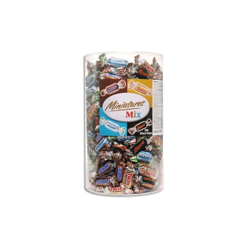 Assortiment de mini bonbons confiseries : Mars, Bounty, Snikers, Twix. Tubo de 296 pièces. 3 kg.