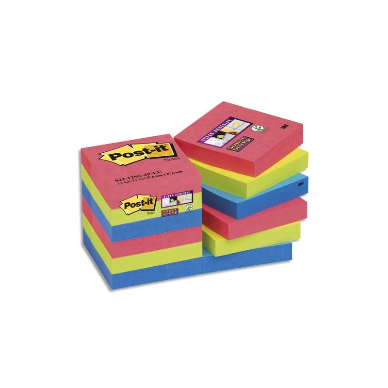 POST-IT Lot de 12 blocs notes Super Sticky 47,6x47,6mm Collection Bora Bora (coquelicot/vert néon/saphir)