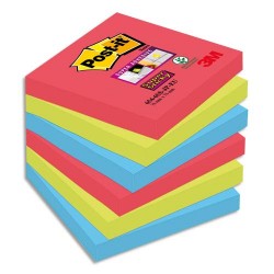 POST-IT Lot de 6 blocs Notes Super Sticky POST-IT® couleurs BORA BORA 90 feuilles 76 x 76 mm