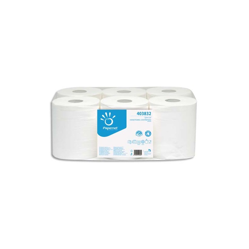 PAPERNET Paquet de 6 Bobines d'essuyage à dévidage central 2 plis pure cellulose, 450 formats L108m Blanc