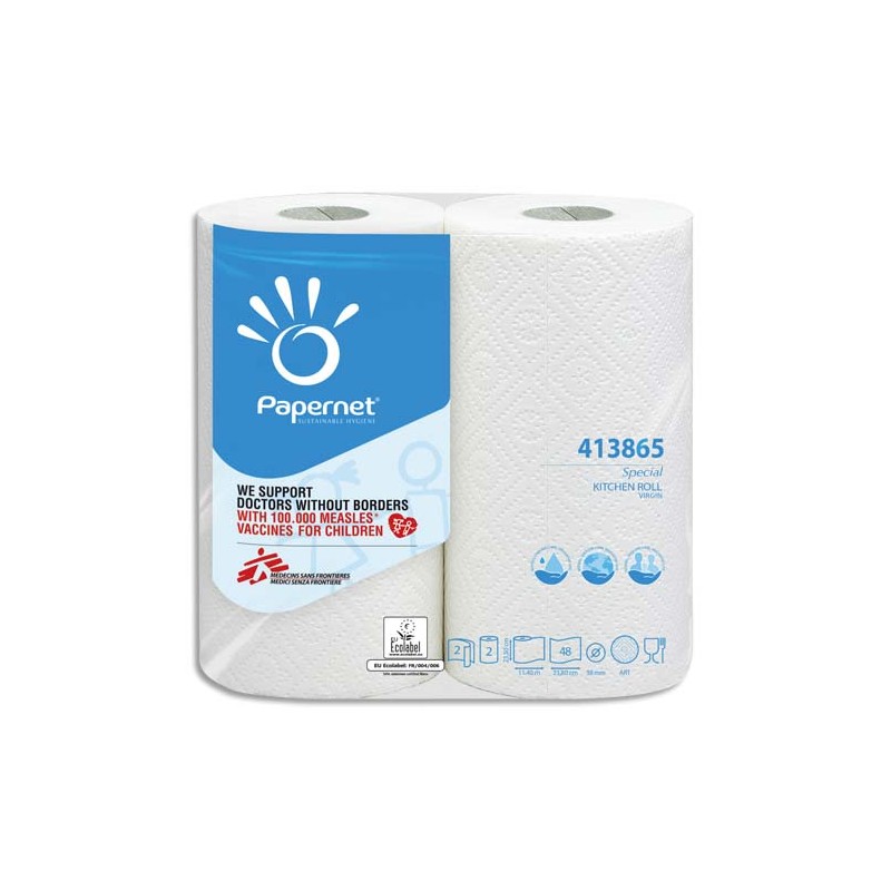 PAPERNET Paquet de 2 Essuie-tout 2 plis pure cellulose, 48 formats L11,80 mètres coloris Blanc