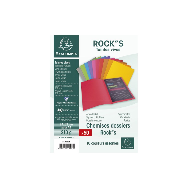 EXACOMPTA Paquet de 50 chemises ROCK'S en carte 210 grammes coloris assortis