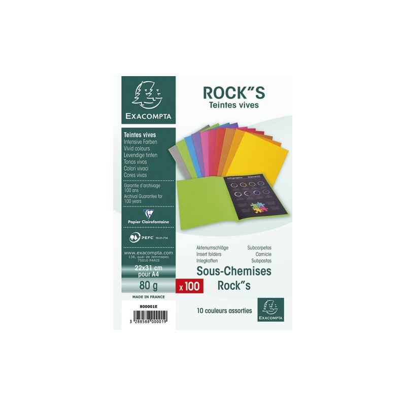 EXACOMPTA Paquet de 100 sous-chemises ROCK'S en carte 80 grammes coloris assortis