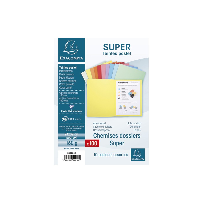 EXACOMPTA Paquet de 100 chemises SUPER 180 en carte 160 grammes coloris assortis