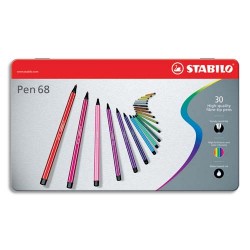 STABILO Boîte en métal de 30 feutres Pen 68 à pointe moyenne coloris assortis