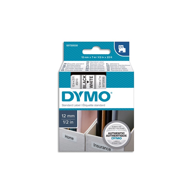 DYMO Ruban D1 Noir/Blanc 12MMX7M pour 1000/1000+/2000/3500/4500/5000/5514