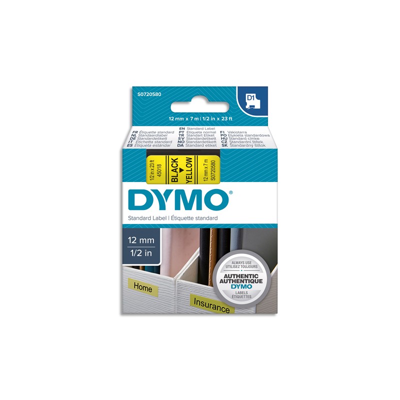 DYMO Ruban D1 Noir/Jaune12MMX7M pour 1000/1000+/2000/3500/4500/5000/5519