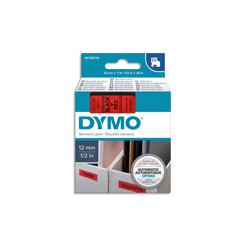 DYMO Ruban D1 Noir/Rouge 12MMX7M pour 1000/1000+/2000/3500/4500/5000/5518