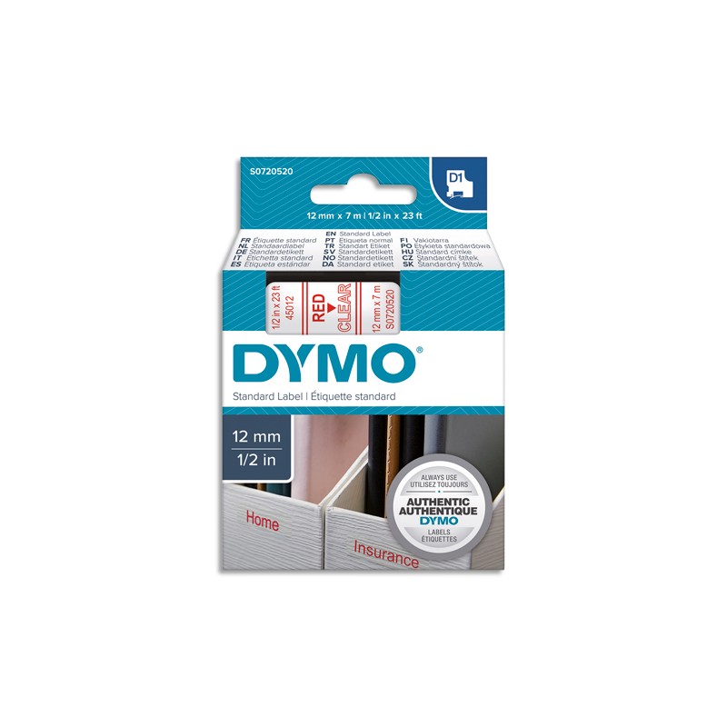DYMO Ruban D1 Rouge/transparent 12MMX7M pour 1000/1000+/2000/3500/4500/5000/5513