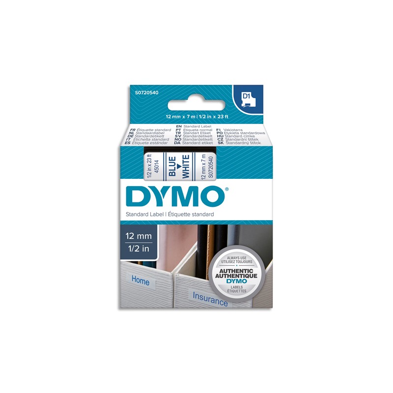DYMO Ruban D1 Bleu/Blanc 12MMX7M pour 1000/1000+/2000/3500/4500/5000/5515