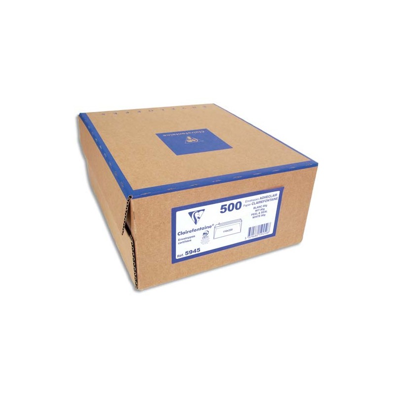 CLAIREFONTAINE Boîte de 500 enveloppes PEFC DL 110x220mm fen 35x100mm vélin Blanc 80g auto-adhésive 10615