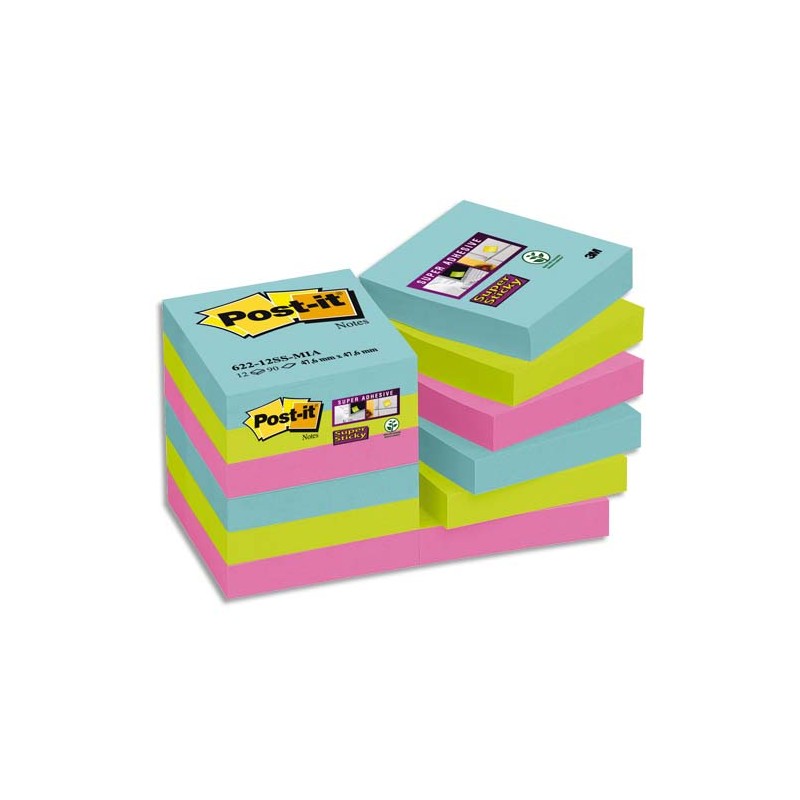 POST-IT Lot de 12 blocs notes Super Sticky Post-it® Collection MIAMI 47,6x47,6 mm, 90 feuilles.