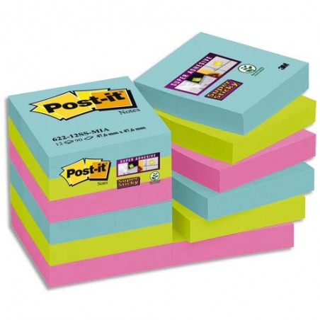 POST-IT Lot de 12 blocs notes Super Sticky Post-it® Collection MIAMI 47,6x47,6 mm, 90 feuilles.