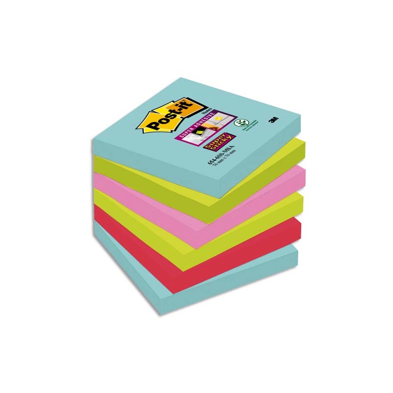 POST-IT Lot de 6 blocs Notes Super Sticky POST-IT® couleurs MIAMI 90 feuilles 76 x 76 mm