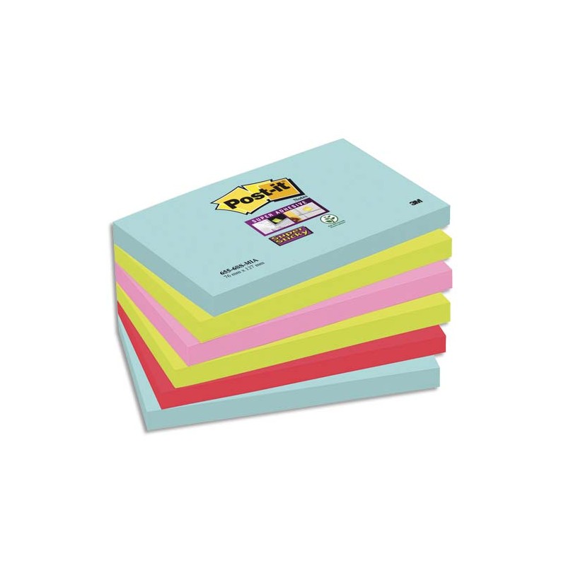 POST-IT Lots de 6 blocs Notes Super Sticky POST-IT® couleurs MIAMI 90 feuilles 76 x 127 mm