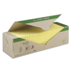 POST-IT Pack avantages Notes Post-it® Recyclées Jaunes 76x76 mm, 100 feuilles, 18 blocs + 6 offerts.