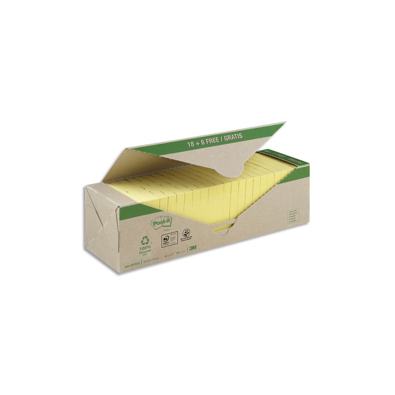 POST-IT Pack avantages Notes Post-it® Recyclées Jaunes 76x76 mm, 100 feuilles, 18 blocs + 6 offerts.