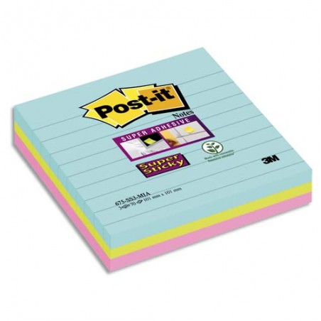 POST-IT Lots de 3 blocs Notes Super Sticky POST-IT® MIAMI 70 feuilles 101 x 101 mm