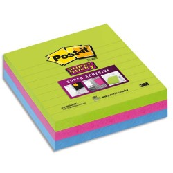 POST-IT Lots de 3 blocs Notes Super Sticky POST-IT® Vert/Fuchsia/Bleu lignées 70 feuilles 101 x 101 mm