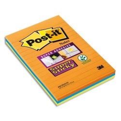 POST-IT Lot de 3 blocs Notes Super Sticky POST-IT® Orange/Bleu/Vert lignées 45 feuilles 101 x 152 mm