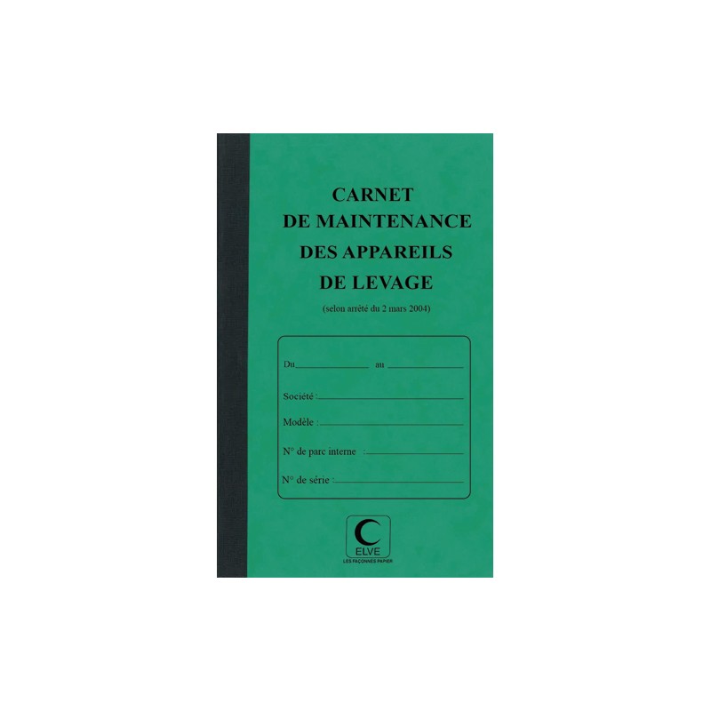 ELVE Piqûre 32 pages carnet maintenance p/ appareil de levage folioté de 1 à 15. Format 21x13cm