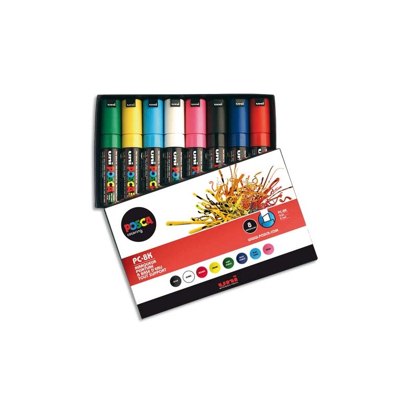 UNI POSCA Pochette 8 marqueurs peinture à eau, encre pigmentation assortie, pointe large