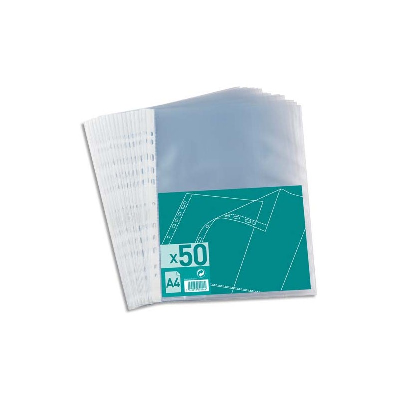 Sachet de 50 pochettes perforées en polypropylène grainé 4/100. Format A4, 11 trous.