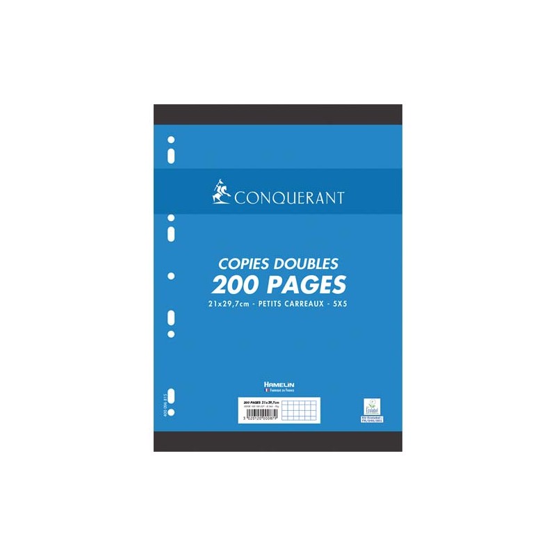 CONQUERANT C7 Copies doubles 21x29,7cm 200 pages 70g 5x5. Sous sachet, papier Blanc