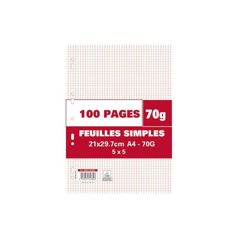 Sachet de 100 pages copies simples grand format A4 petits carreaux 5x5 70g perforées