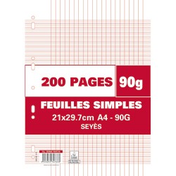 Sachet de 200 pages copies simples grand format A4 grands carreaux Séyès 90g perforées