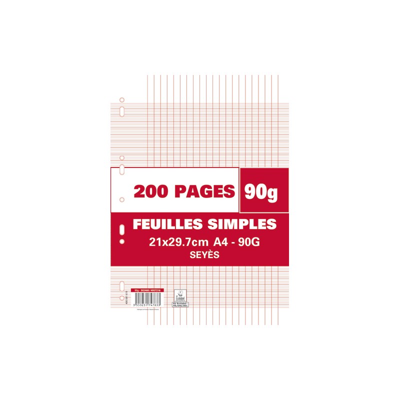 Sachet de 200 pages copies simples grand format A4 grands carreaux Séyès 90g perforées