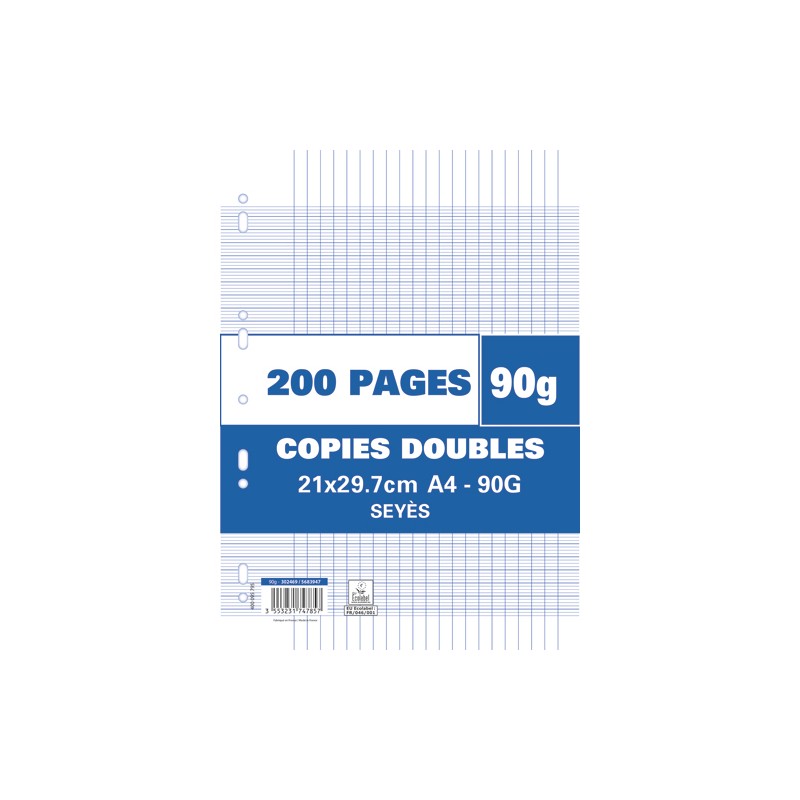 Sachet de 200 pages copies doubles grand format A4 grands carreaux Séyès 90g perforées