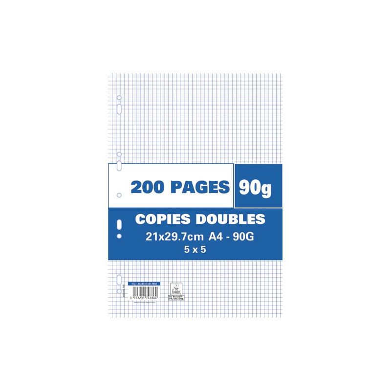 Sachet de 200 pages copies doubles grand format A4 petits carreaux 5x5 90g perforées