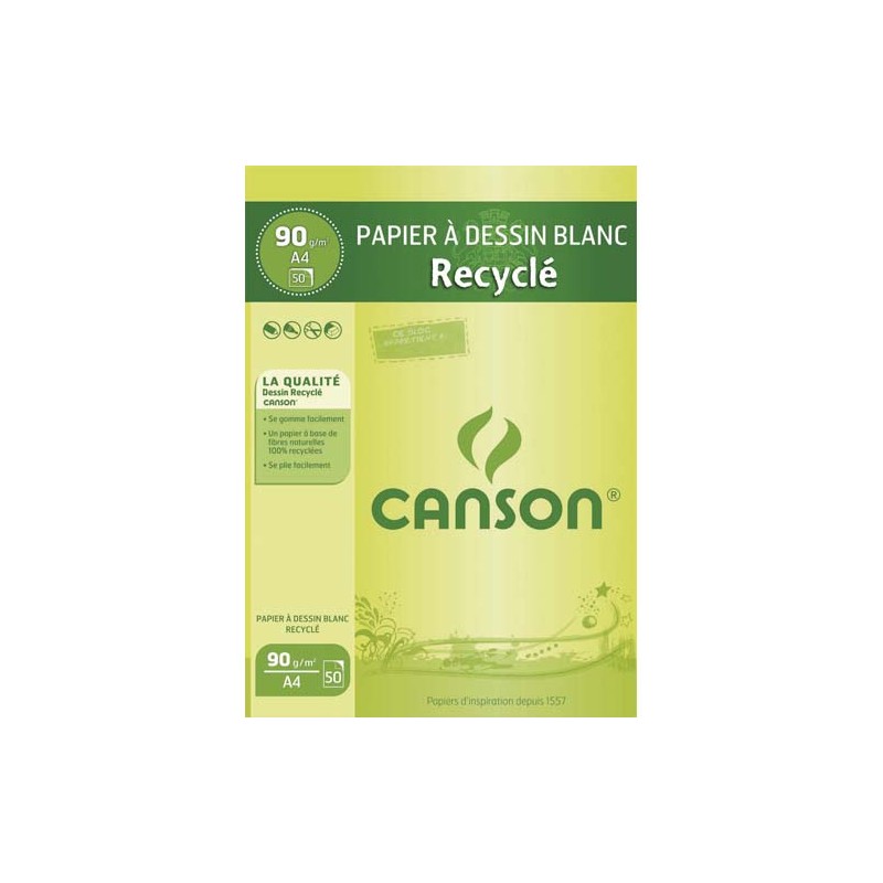 CANSON Bloc papier Dessin Blanc recyclé 50 feuilles A4 90g