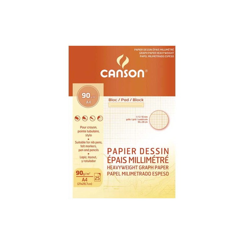 CANSON Bloc papier dessin millimétré 25 feuilles grand format A4 90g