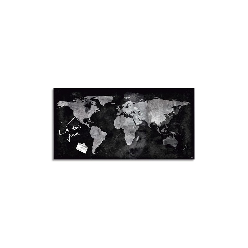 SIGEL Tableau en verre Carte du monde, magnétique, 2 aimants et fixation fournis, Format : L91 x H46 cm