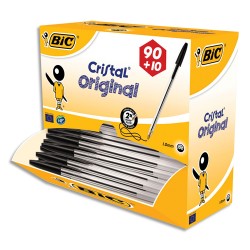 BIC Pack 90 stylos bille Cristal Noir + 10 offerts. Pointe moyenne.