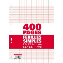 Sachet de 400 pages copies simples grand format A4 grands carreaux Séyès 70g perforées