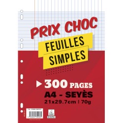 Lot de 300 pages copies simples grand format A4 grands carreaux Séyès 70g perforées