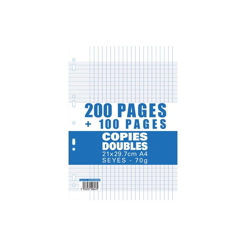 Lot de 300 pages copies doubles grand format A4 grands carreaux Séyès 70g perforées
