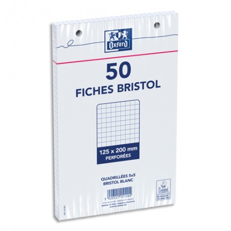OXFORD Sachet 50 fiches bristol perforées 125x200mm 5x5 Blanc
