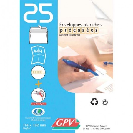 GPV Paquet de 25 enveloppes Blanches auto-adhésives 90 grammes format 114x162mm référence 21301