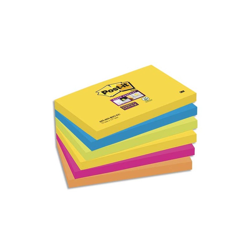 POST-IT Lots de 6 blocs Notes Super Sticky POST-IT® couleurs RIO 90 feuilles 76 x 127 mm